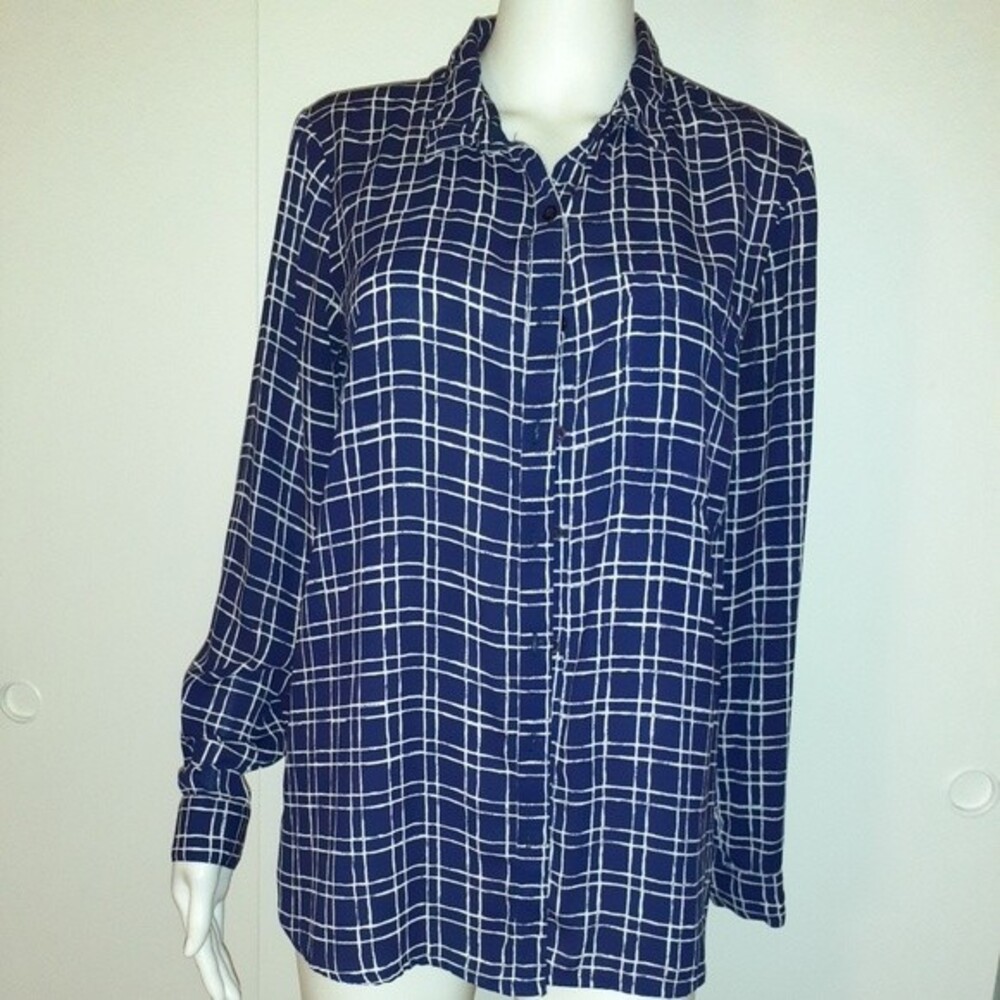 Japna Women’s m Button down Tunic Top Long Sleeve flowy Blouse windowpane blue